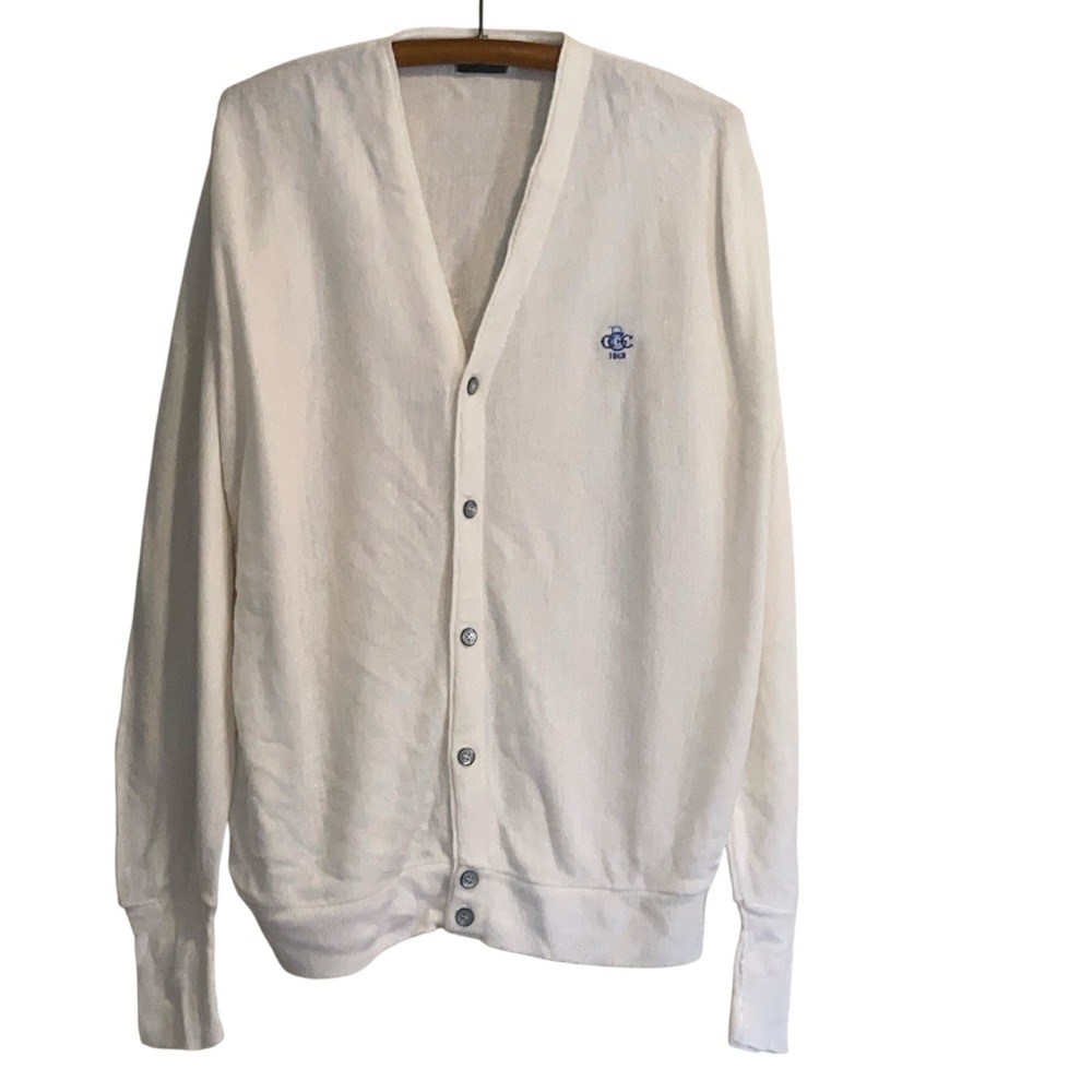 Vintage IZOD Club White Cardigan Sweater XL Preppy Crest Logo 70s 80s‎ USA Orlon